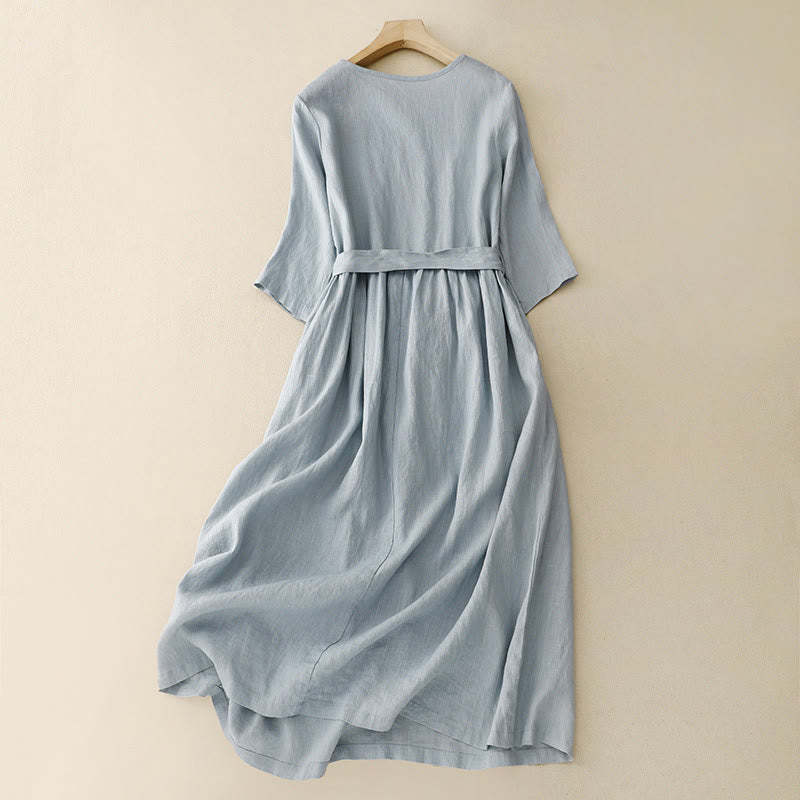 Casual Plain Crew Neck Lace-up Half Sleeve Cotton Linen Midi Dress With Pockets