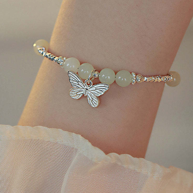925 Sterling Silver Natural Hetian Jade Luck Butterfly Charm Bracelet