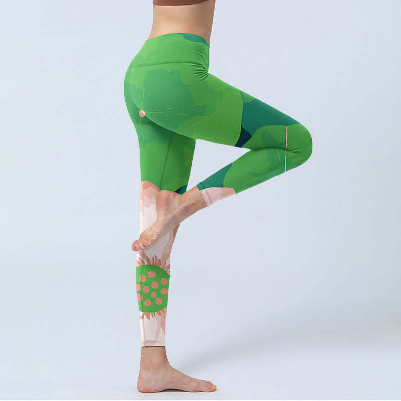 Green Lotus Flower Leaf Print Sports Fitness Leggings Women's Yoga Pants