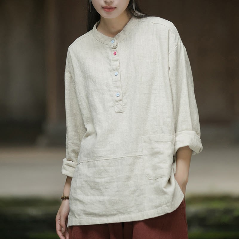 Solid Color Long Sleeve Ramie Linen Half Button Women's Shirt