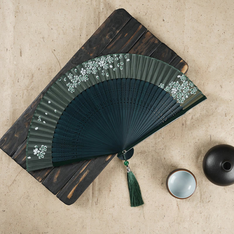 Simple Cherry Flower Hollow Engraved Handheld Bamboo Folding Fan