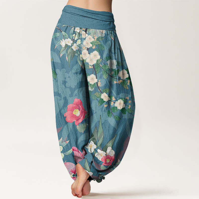 Vibrant Blooming Lotus Flower Lush Branches Women's Elastic Waist Harem Pants
