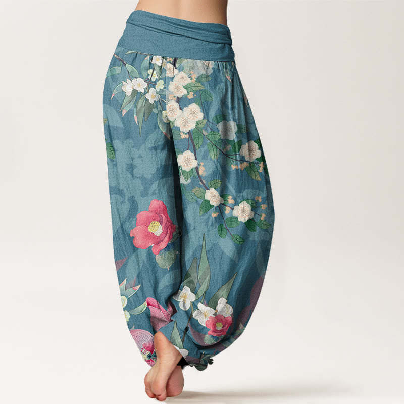Vibrant Blooming Lotus Flower Lush Branches Women's Elastic Waist Harem Pants