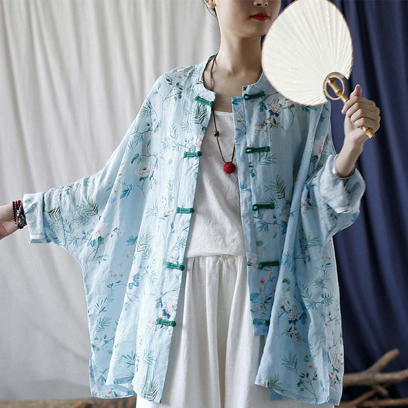 Light Green Pink Flowers Green Leaves Frog-Button Long Sleeve Ramie Linen Jacket Shirt
