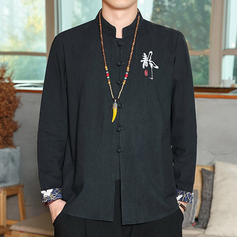 Fall Solid Long Sleeve Frog-Button Shirt Linen Men Zen Clothing
