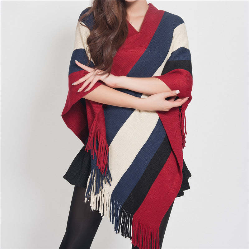 Tibetan Colorful Striped Design Shawl Tassels Pullover Winter Cozy Travel Scarf Wrap