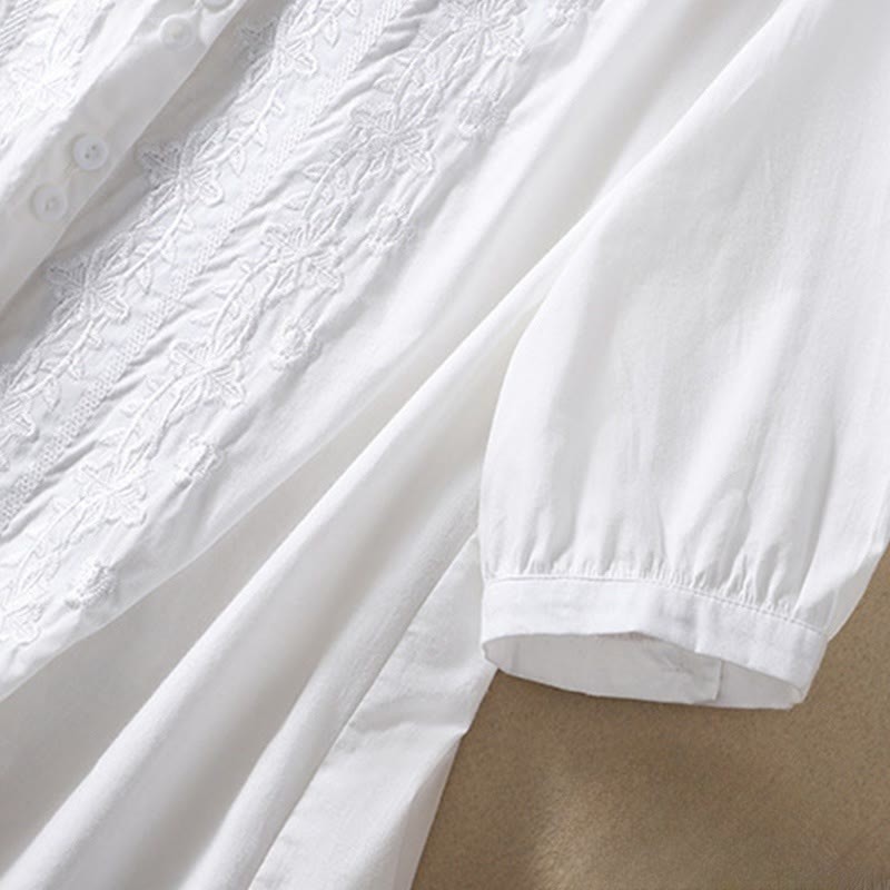 Summer Plain Button Embroidery Flower Pattern Three Quarter Sleeve Lapel Cotton Linen Women's Shirt
