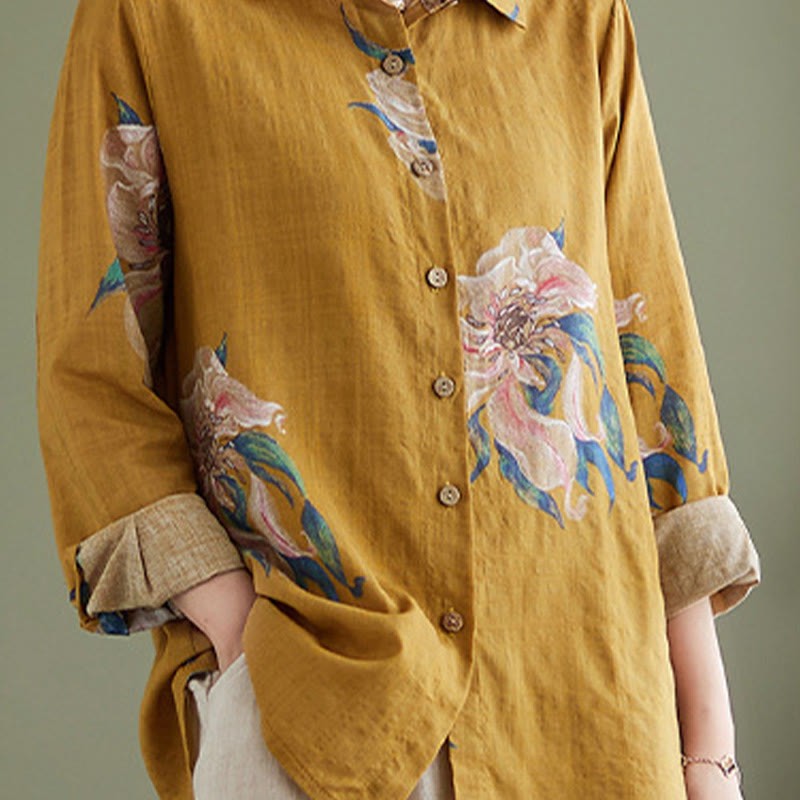 Literary Artistic Flower Print Cotton Linen Clothing