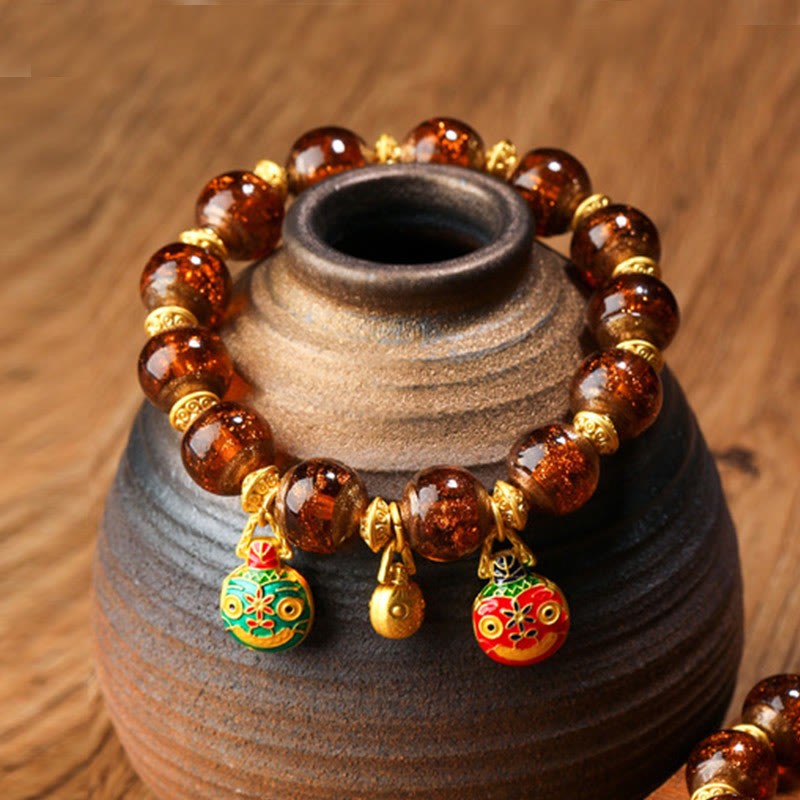 Gold Swallowing Beast Family Charm Liuli Glass Bead Fortune Bracelet