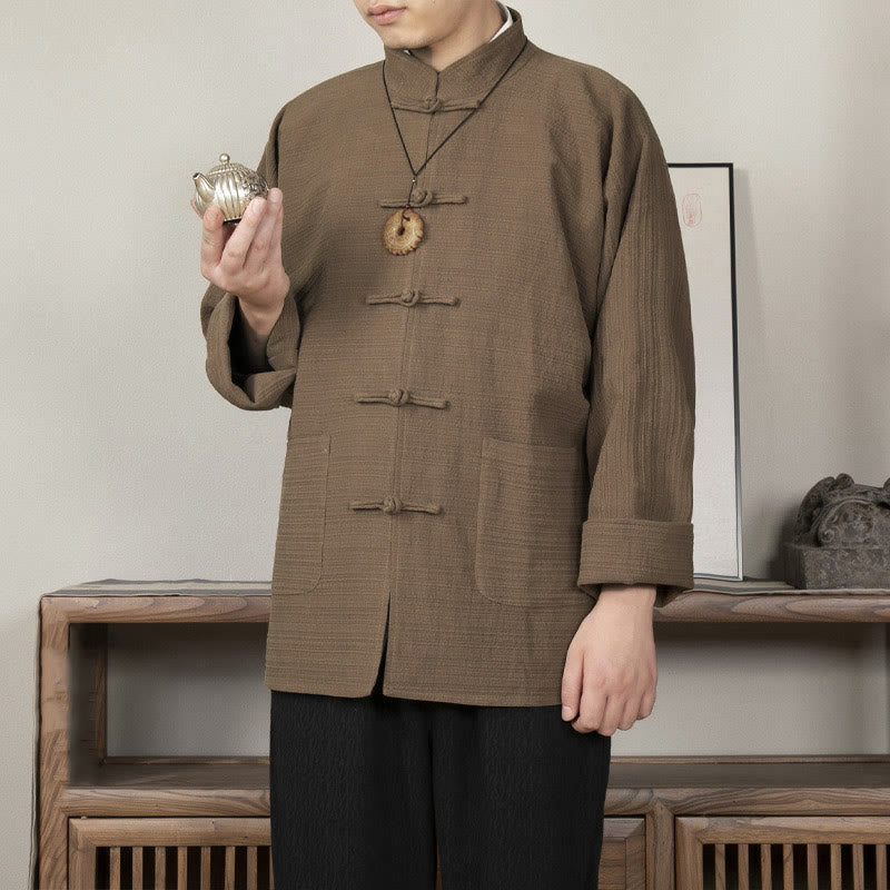 Solid Color Frog-button Tang Suit Cotton Linen Men's Jacket Shirt With Pockets
