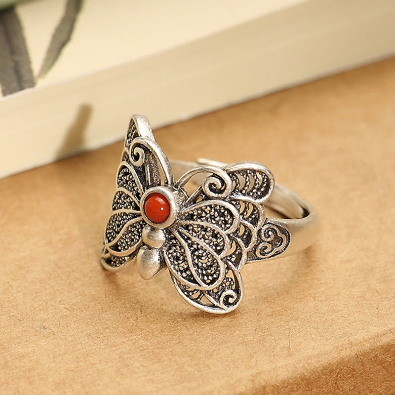 925 Sterling Silver Red Agate Butterfly Self-acceptance Ring Earrings Set