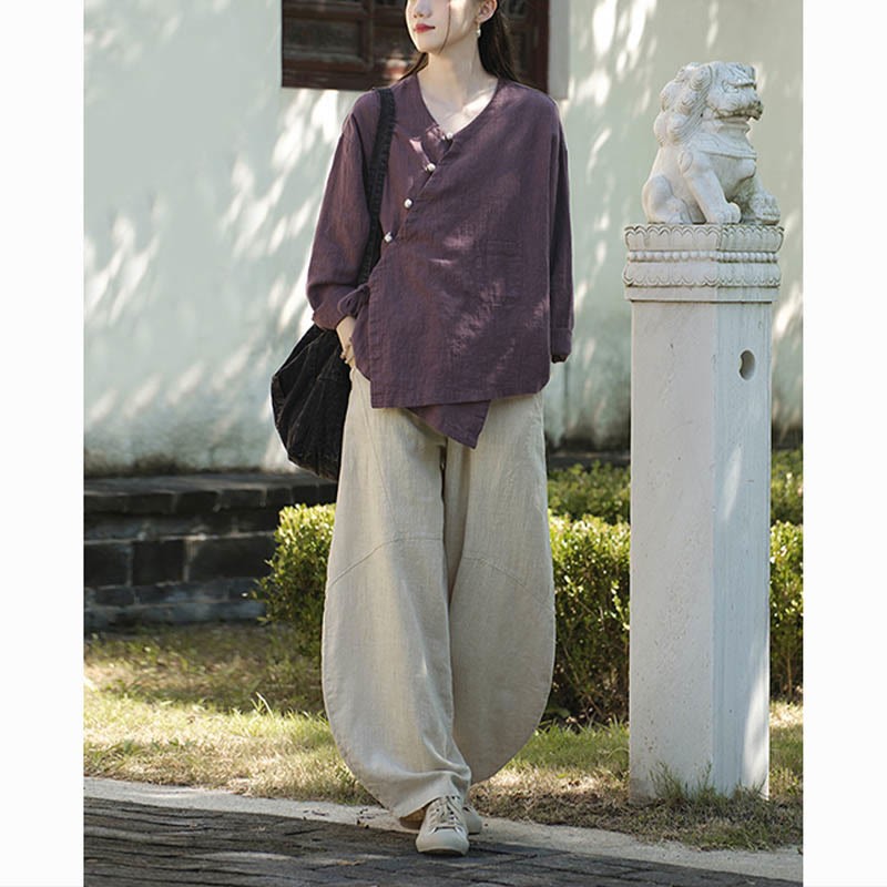 Solid Color Ramie Linen Loose Blouse Long Sleeve Shirt Chinese Hanfu Top