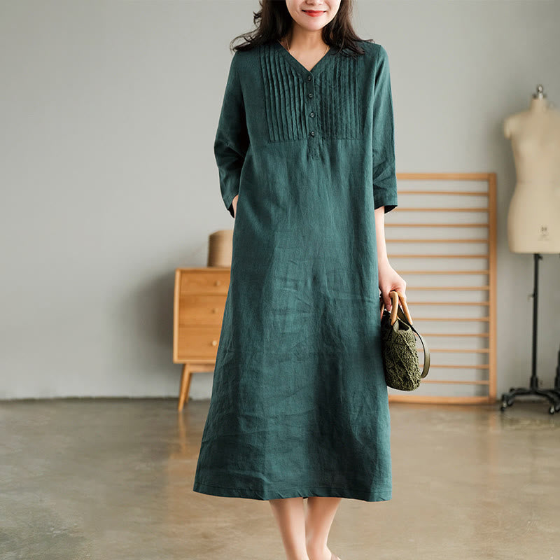 Casual Plain Accordion Pleats V-neck Half Sleeve Design Linen Midi Dress With Pockets