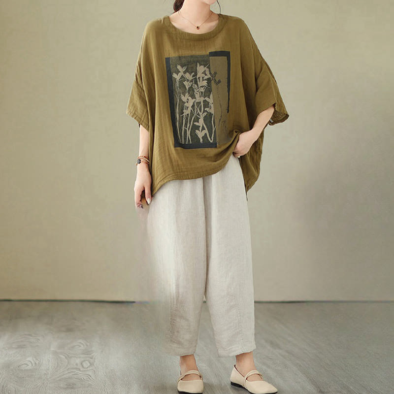 Casual Flower Prints Women's Crew Neck Design Half Sleeve Cotton Spandex T-shirt
