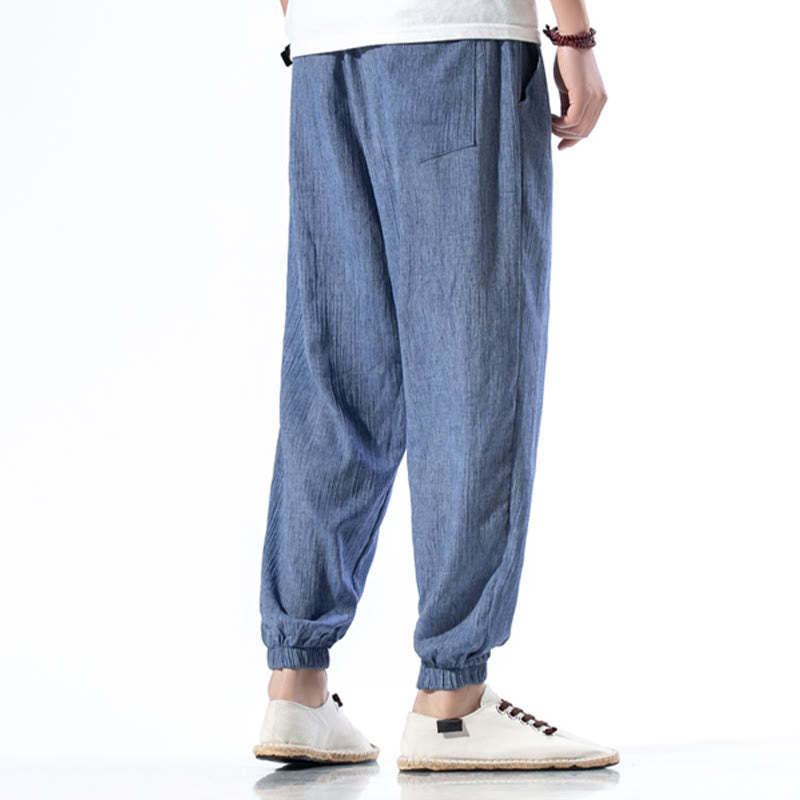 Casual Solid Color Drawstring Linen Men's Pants With Pockets
