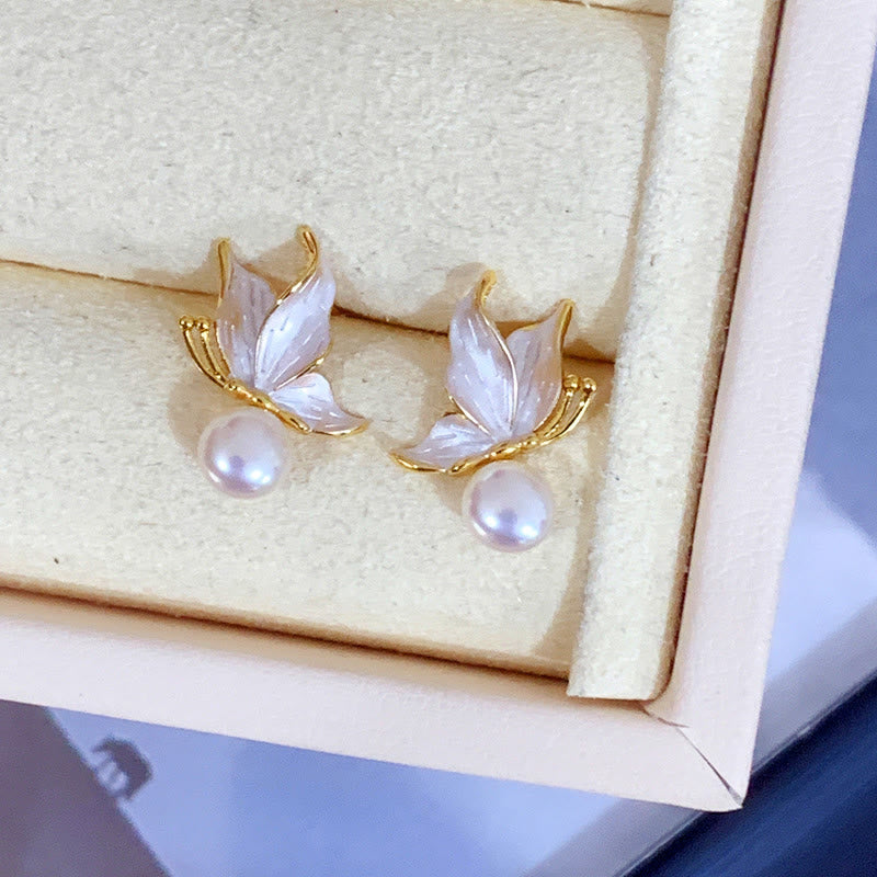 925 Sterling Silver Posts Copper Plated Gold Natural Pearl Bead Butterfly Wisdom Stud Earrings
