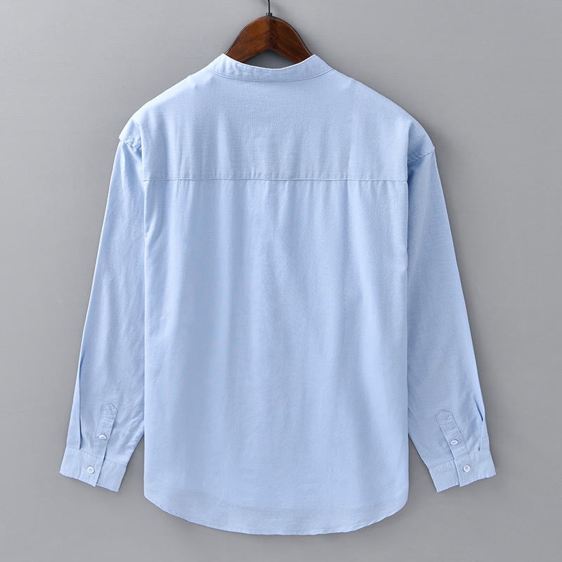 Men's Long Sleeve Stand Collar With Pocket Pure Color Casual Cotton Linen Shirt