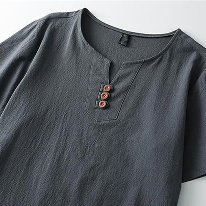 Solid Color V-neck Three Top Buttons Short Sleeve Cotton?linen Men's Shirt