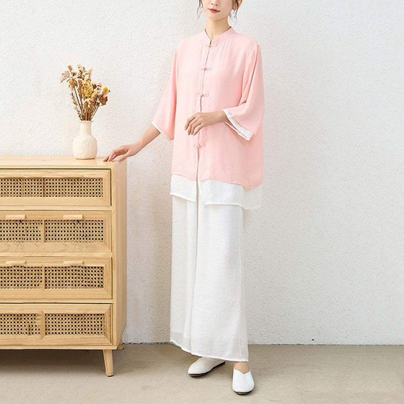 2Pcs Simple Chinese Frog Button Design Top Pants Meditation Yoga Zen Tai Chi Cotton Clothing Women's Set