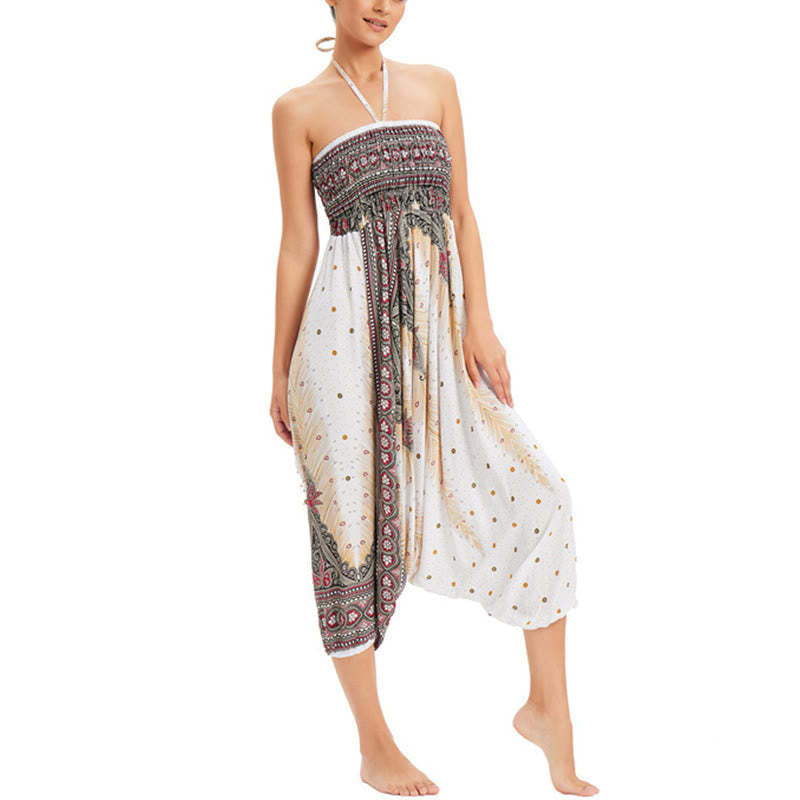 Two Style Wear Peacock Feather Loose Smocked Harem Trousers Jumpsuit High Waist Pants