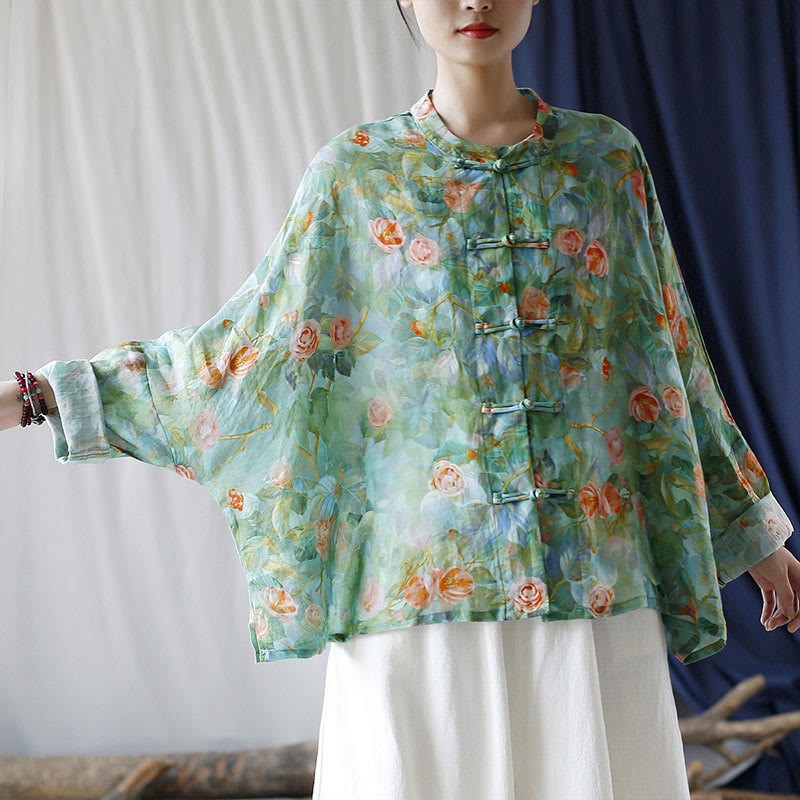 Pink Flowers Green Leaves Print Frog-button Design Long Sleeve Ramie Linen Jacket Shirt