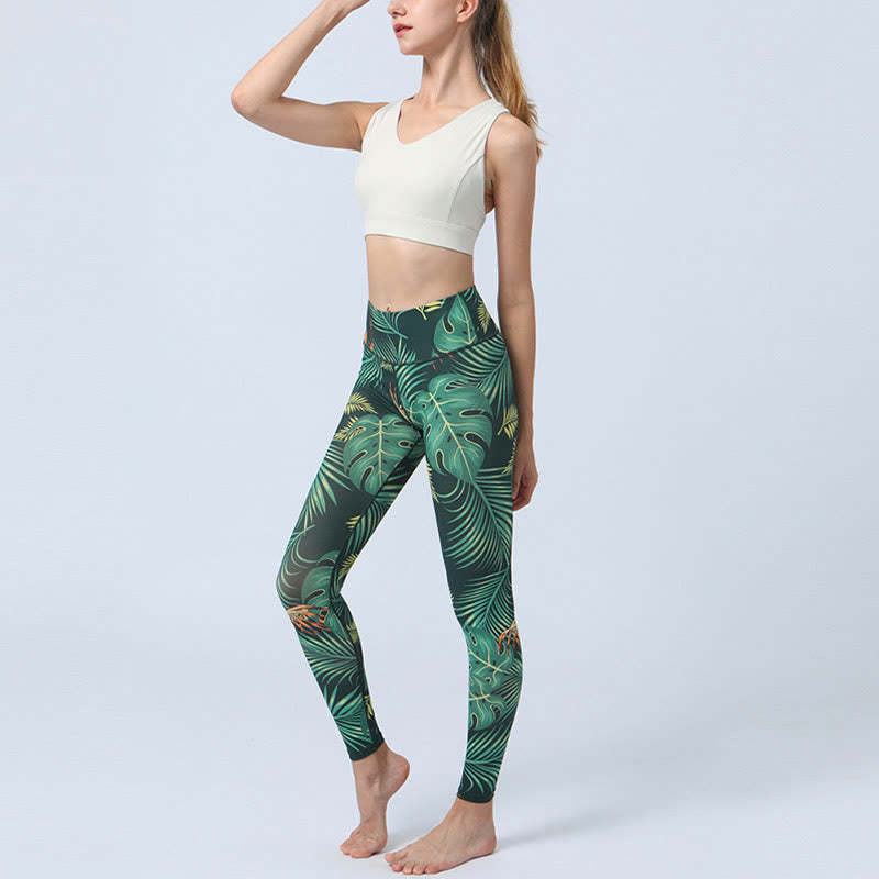 Leaves Print Sports Fitness Yoga High Waist Leggings Women's Yoga Pants