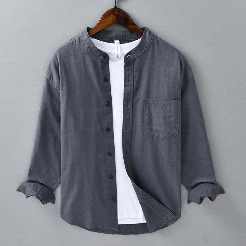 Men's Long Sleeve Stand Collar With Pocket Pure Color Casual Cotton Linen Shirt