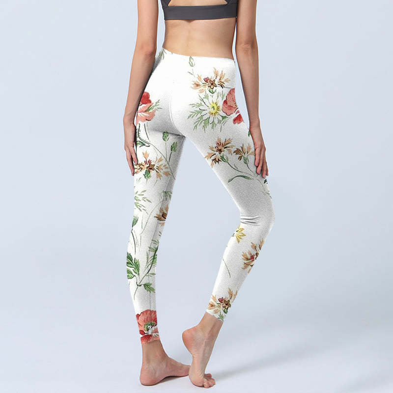 White Daisy Red Flower Print Sports Leggings Women's Yoga Pants
