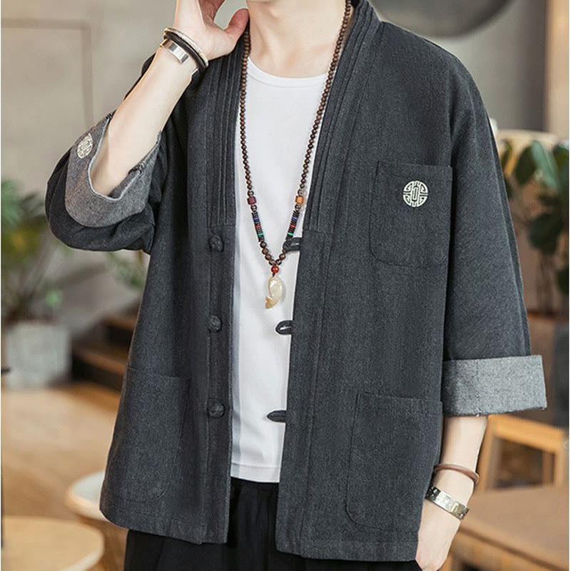 Men's Frog-Button Tang Suit Three Quarter Sleeve Jacket Shirt With Pockets