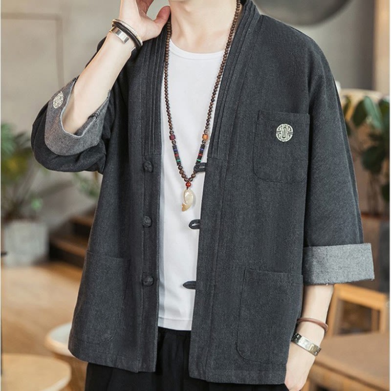 Men's Frog-Button Tang Suit Three Quarter Sleeve Jacket Shirt With Pockets