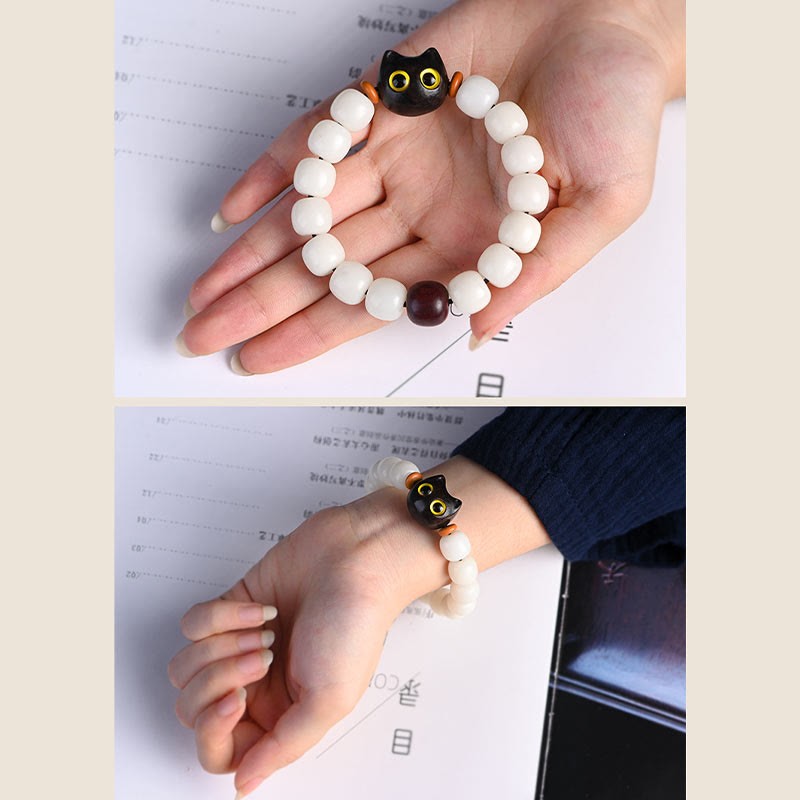 Natural Bodhi Seed Small Leaf Red Sandalwood Ebony Wood Cute Lucky Cat Wisdom Bracelet