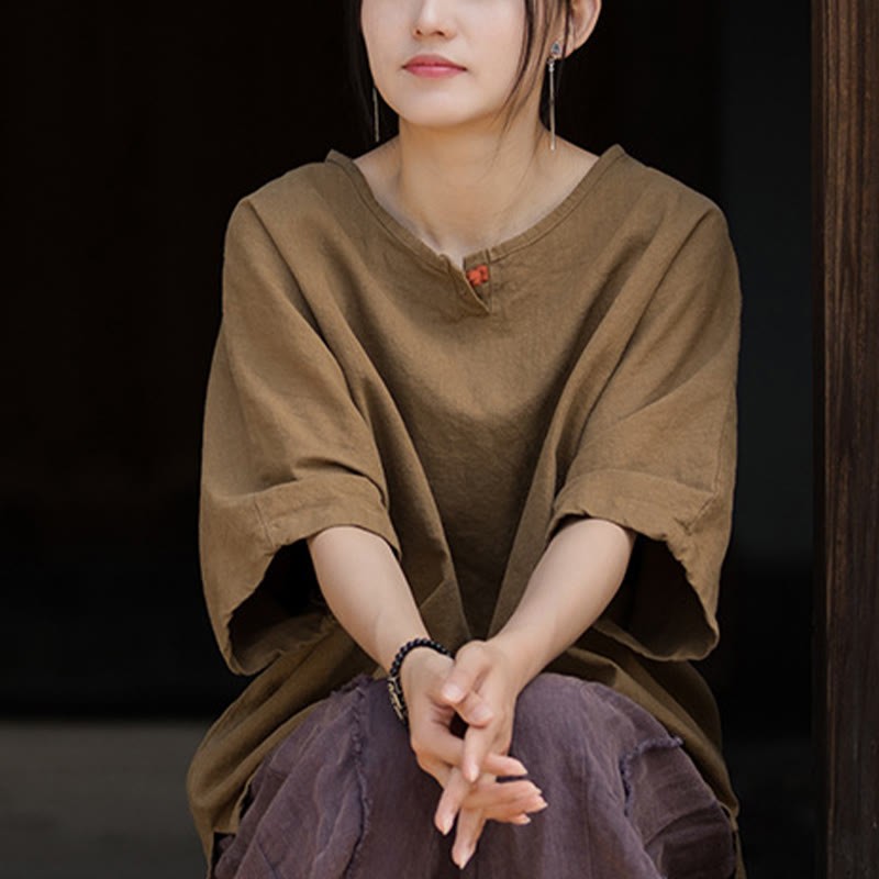 Causal Half Sleeve Ramie Linen Cotton T-shirt Tee