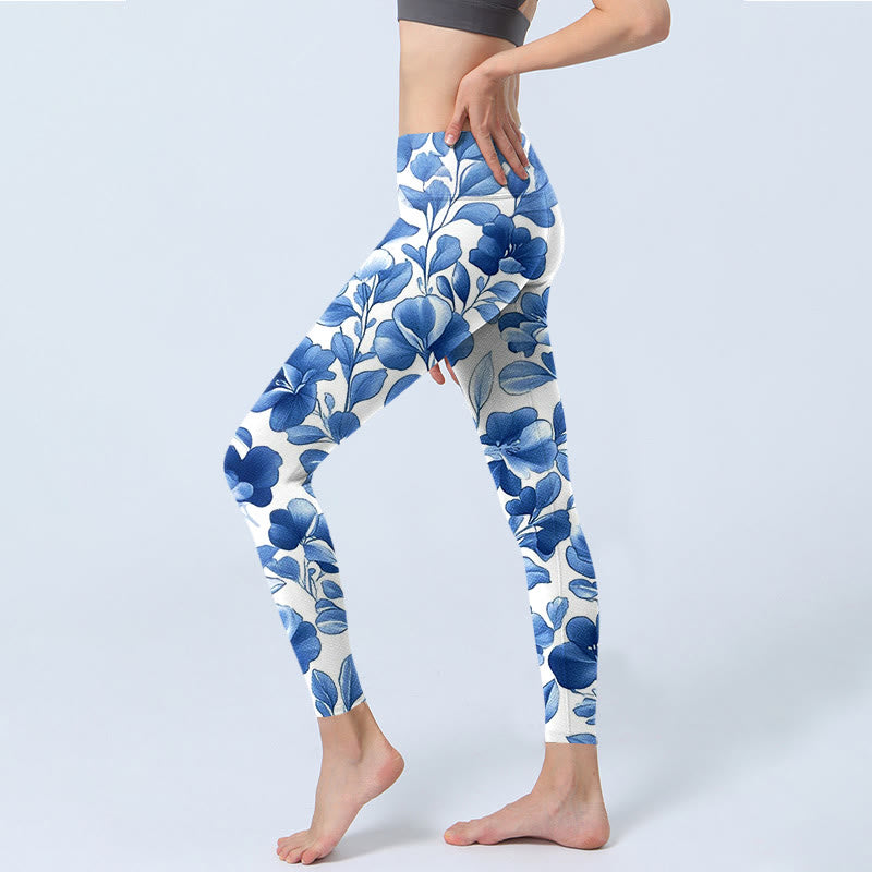 Blue Flowers Print Fitness Leggings Women's Yoga Pants
