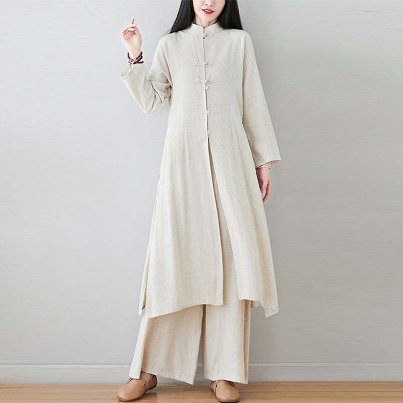 2Pcs Chinese Frog Button Design Zen Tai Chi Meditation Clothing Cotton Linen Top Pants Women's Set
