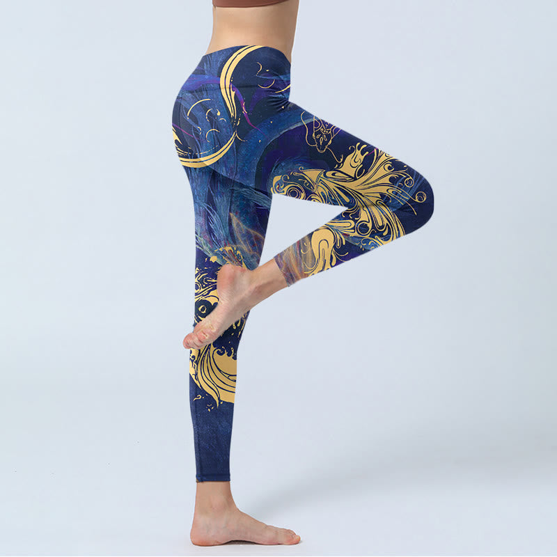 Blue Koi Fish Auspicious Clouds Print Gym Leggings Women's Yoga Pants
