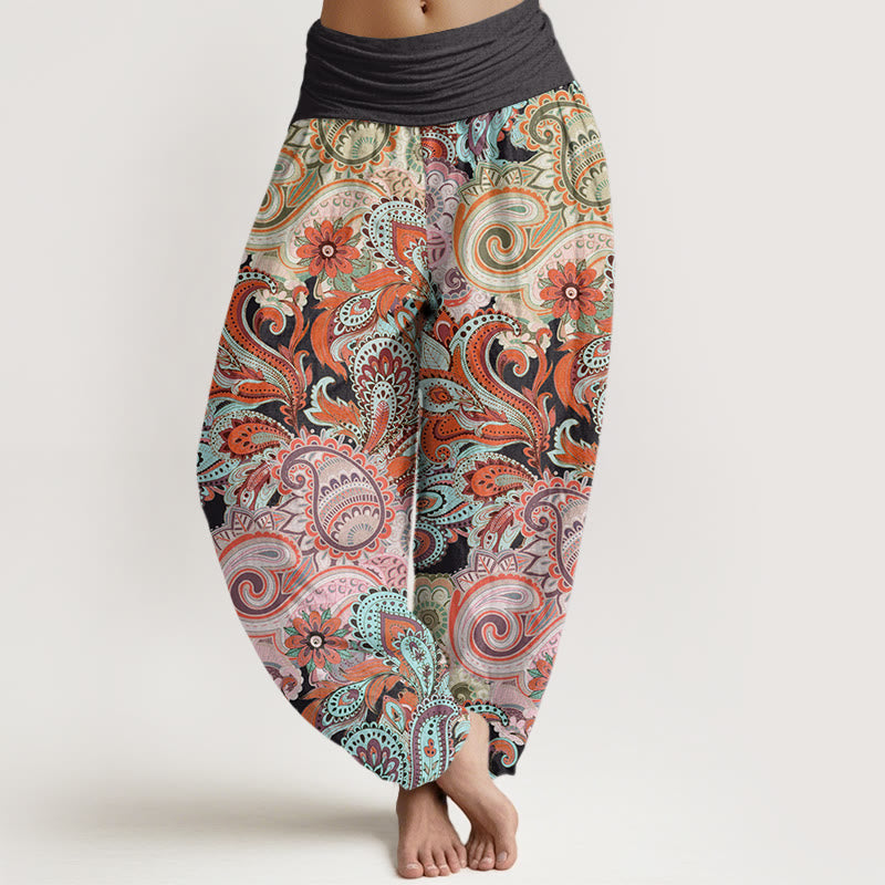 Colorful Cashew Flower Pattern Design Women's Elastic Waist Harem Pants
