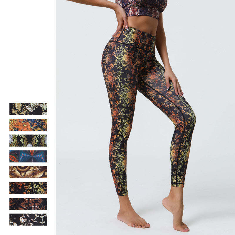 Flowers Geometric Mandalas Print Sports Fitness Yoga High Waist Leggings Women's Pants