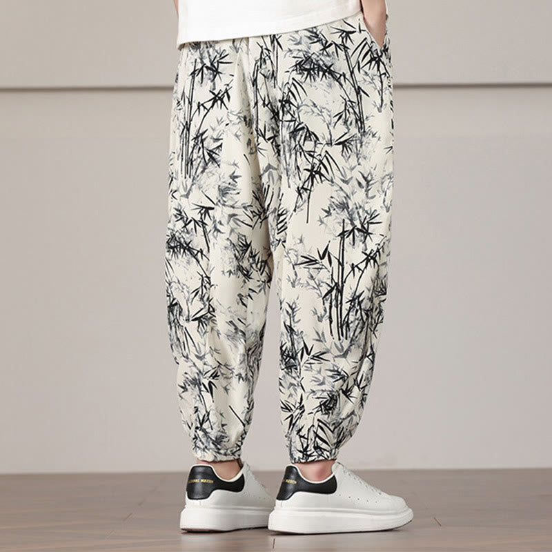 Bamboo Leaf Pattern Drawstring Men's Harem Pants With Pockets