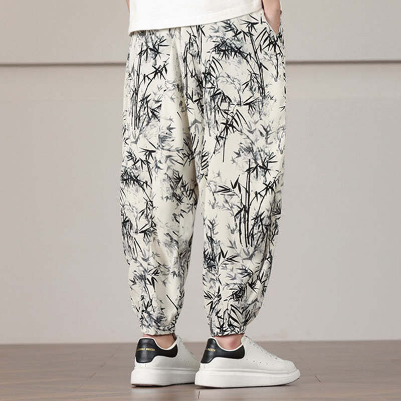 Bamboo Leaf Pattern Drawstring Men's Harem Pants With Pockets