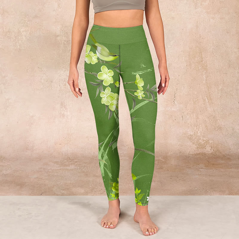 Magpie Flowers Branches Print Gym Leggings Women's Yoga Pants