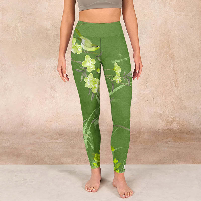 Magpie Flowers Branches Print Gym Leggings Women's Yoga Pants