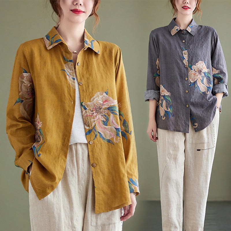 Literary Artistic Flower Print Cotton Linen Clothing