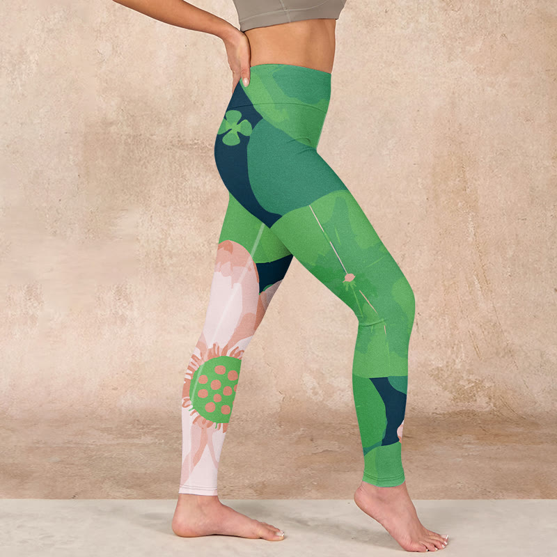 Green Lotus Flower Leaf Print Sports Fitness Leggings Women's Yoga Pants