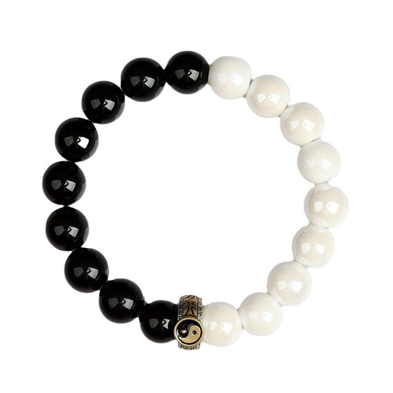Black Obsidian White Porcelain Beads Yin Yang Fulfilment Bracelet