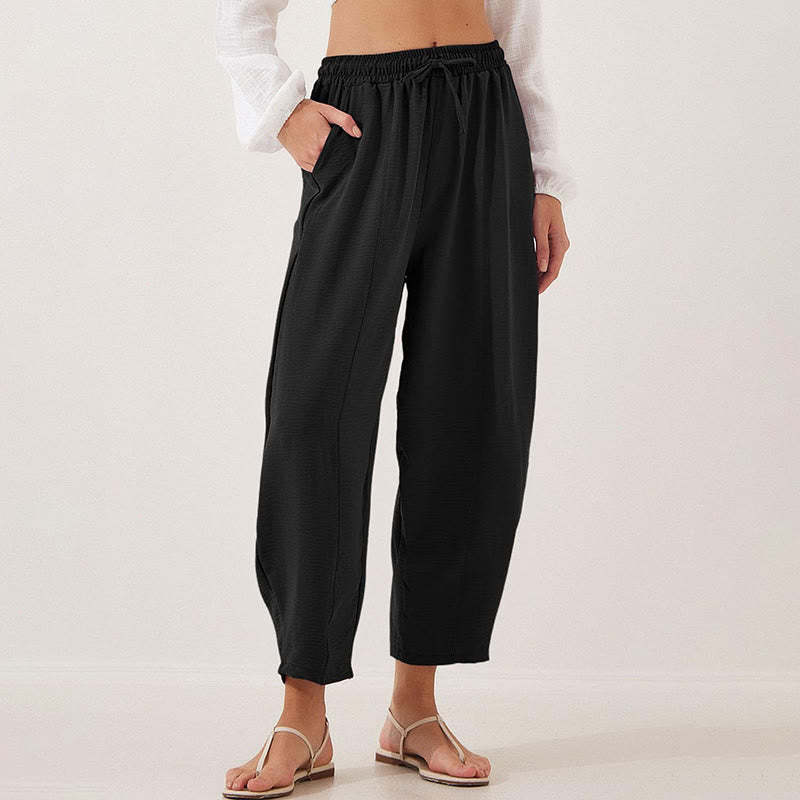 Casual Plain Loose Drawstring Women's Polyester 7/8 Length Pants  With Pockets