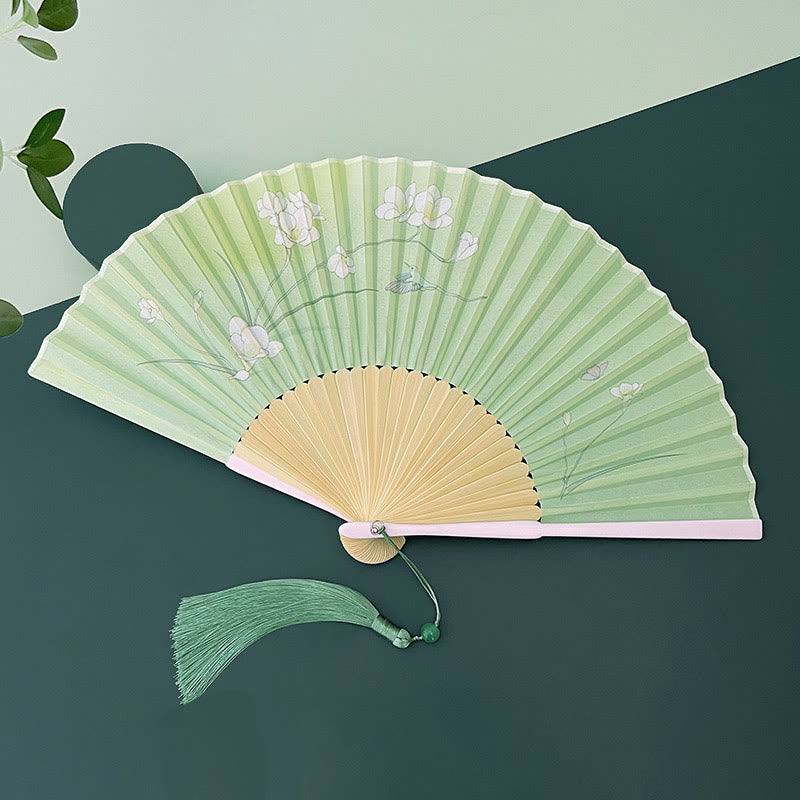 Orchid Begonia Flower Handheld Cotton Linen Fabric Bamboo Folding Fan