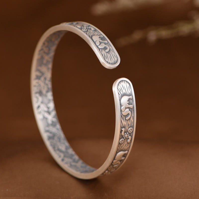 999 Sterling Silver Elephant Strength Wisdom Bracelet Cuff Bangle
