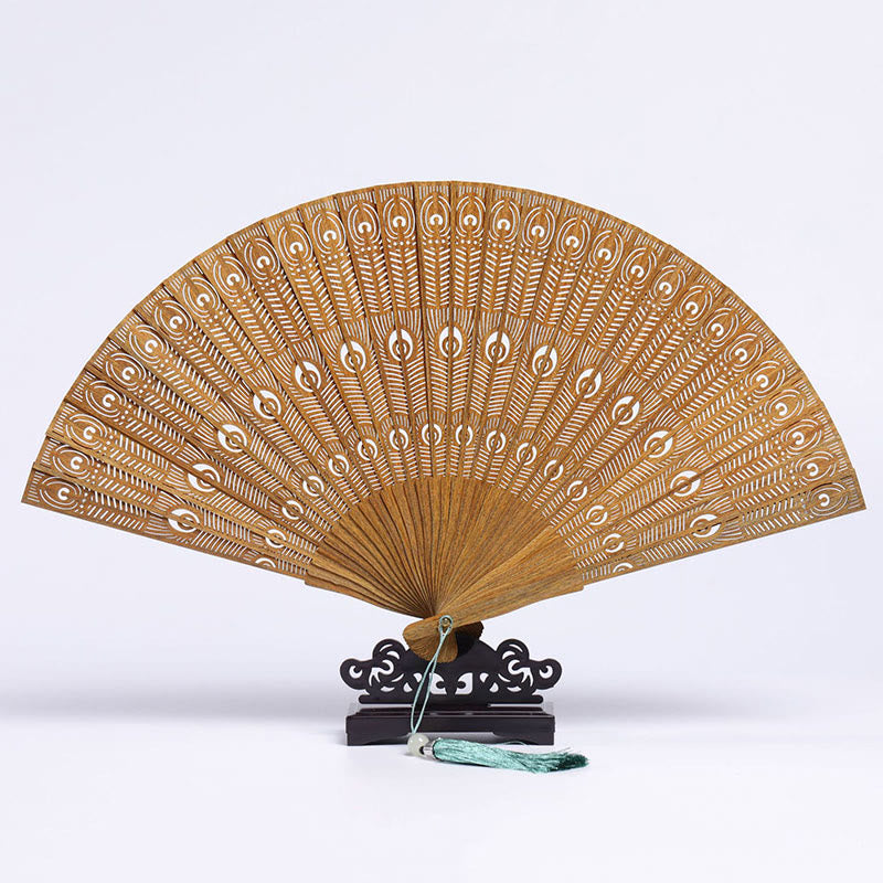 Auspicious Clouds Crane Peacock Chang'e Moon Engraved Pattern Handheld Green Sandalwood Folding Fan