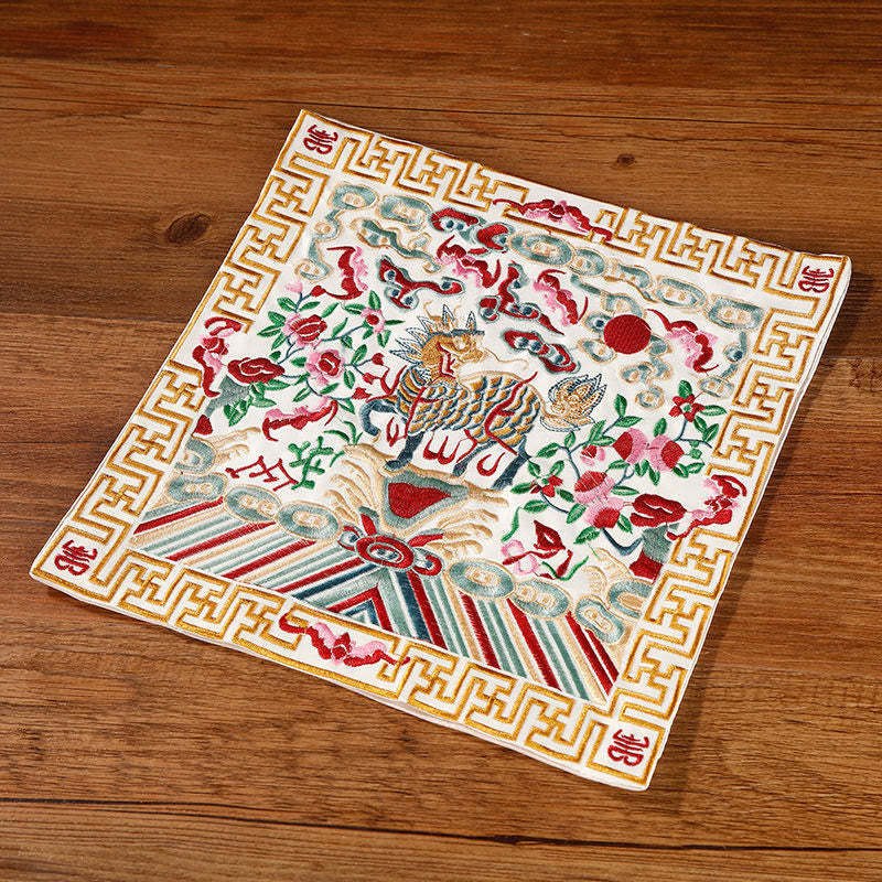 Crane Phoenix Dragon Kirin Embroidered Cup Mat Pad Tea Cup Coaster Square Kung Fu Tea Mat