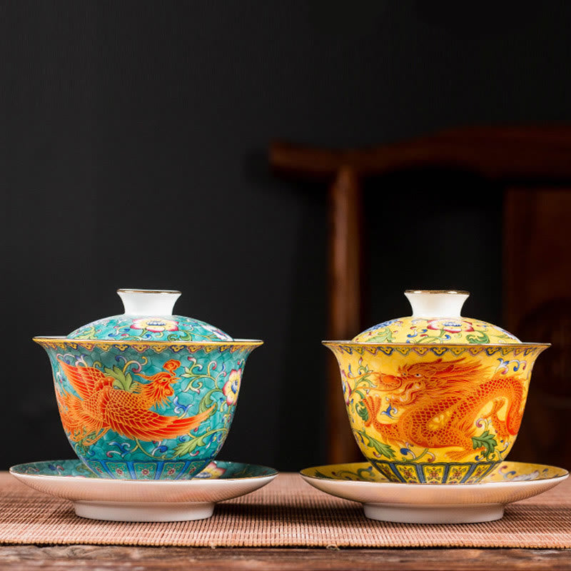 Dragon Phoenix Flower Design Ceramic Gaiwan Sancai Teacup Kung Fu Tea Cup And Saucer With Lid